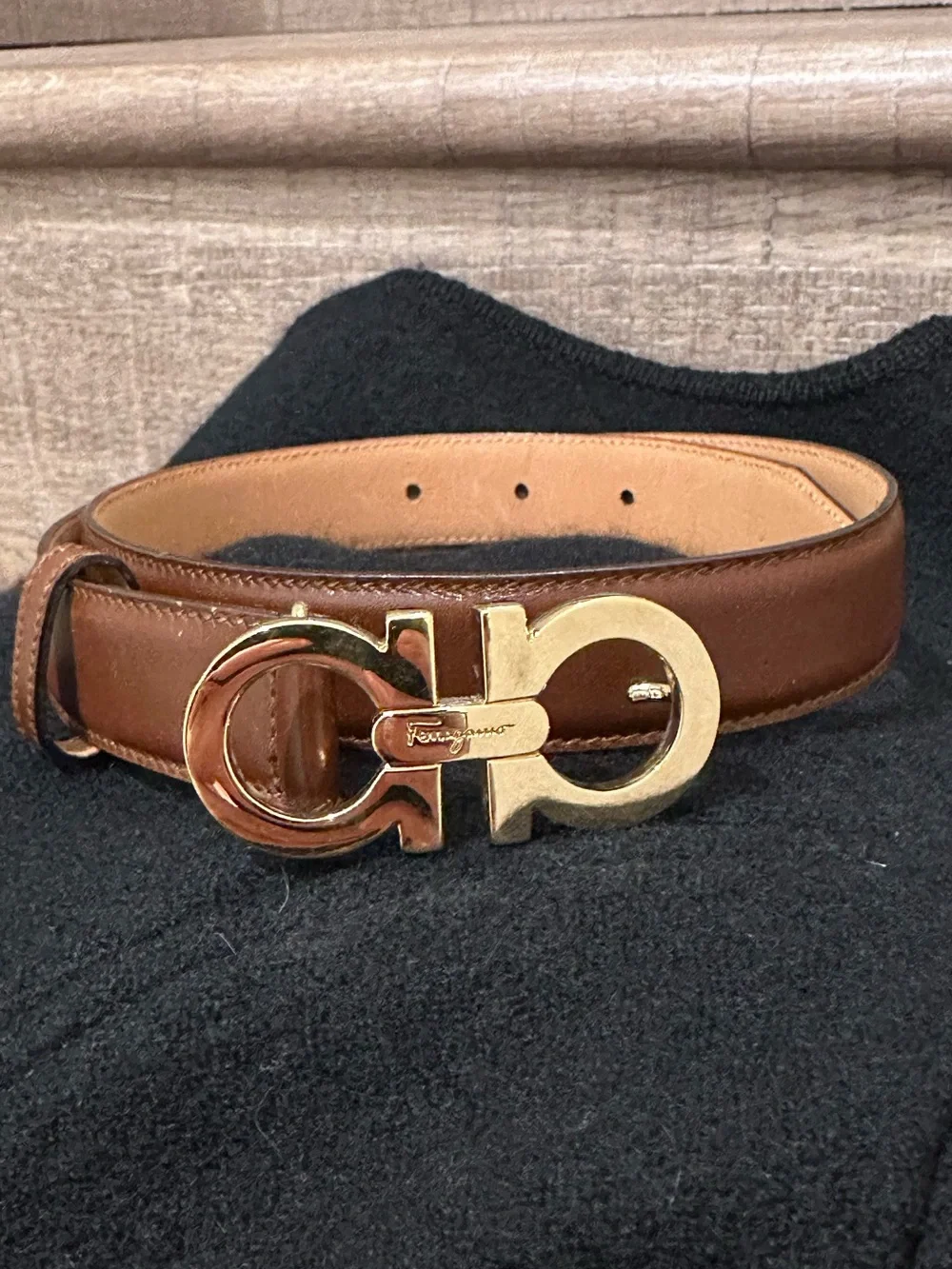 Salvatore Ferragamo Brown Leather Belt with Gold Gancini Buckle